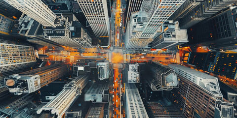 Fototapeta premium A cityscape with tall buildings and a crosswalk