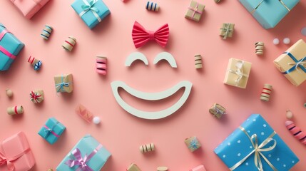 Background depicting a smiling face surrounded by many small gifts, expressing joy and gratitude --no text --ar 16:9 --quality 0.5 Job ID: 1d6b78fa-525c-45ae-b164-ce190e06d5b6
