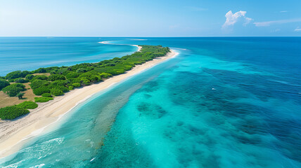 Fototapeta premium A beautiful summer beach with a small island in the distance. The water is calm and the sky is clear