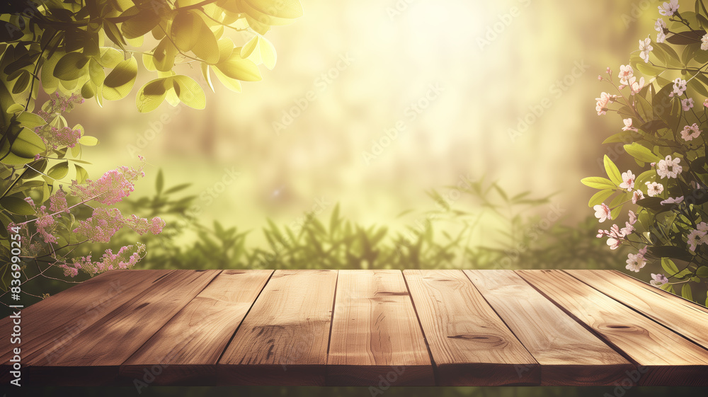 Aufkleber spring beautiful background with green lush young foliage and flowering branches with an empty woode