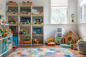 Clean and organized childs playroom with toys, books, and a comfortable play area for children