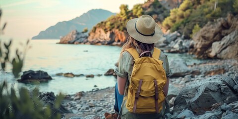A woman is sitting on a rock near the ocean with a yellow backpack on her back