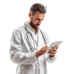 Confident male doctor using smartphone on isolated transparent background