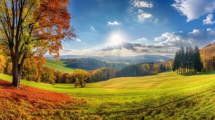 Fototapeta premium Enchanting autumn landscape. sunny panorama of rural idyll in picturesque fall setting