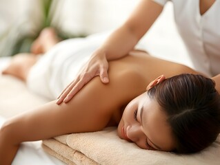 Fototapeta premium Calming Asian Woman Receiving Soothing Massage Therapy in Professional Setting