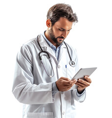 Fototapeta premium Confident male doctor using smartphone on isolated transparent background