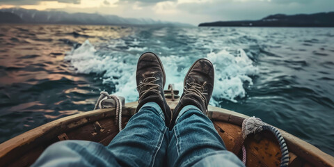 A person is sitting in a boat with their feet in the water