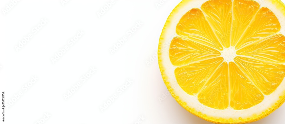 Poster slice of fresh lemon isolated on white background. creative banner. copyspace image