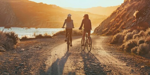 Two women are riding bikes on a dirt road near a body of water - Powered by Adobe