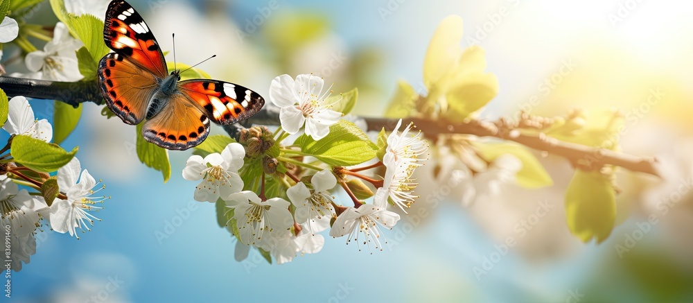 Poster Spring image with butterfly and blossoming fruit tree Springtime nature abstract Clouseup. Creative banner. Copyspace image
