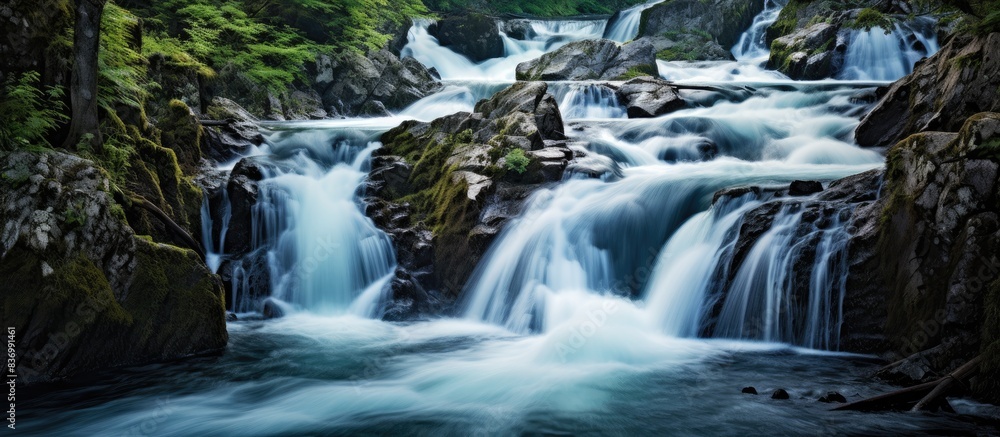 Poster waterfall and fast flowing stream. creative banner. copyspace image