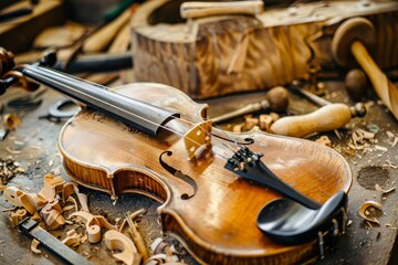 Crafting a Beautiful Violin: Detailed Macro Shot of Traditional Artistry and Precision