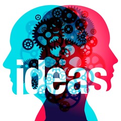 Two overlapping silhouettes of human heads, with the word ideas superimposed over them. The heads are filled with overlapping cogs, suggesting the creative process and the collaboration of two minds.