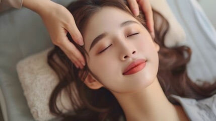 Fototapeta premium Serene Asian Woman Receiving Relaxing Head Massage on Therapy Table