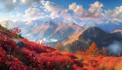 Beautiful sunny day panorama of colorful autumn landscape with majestic mountains in the background