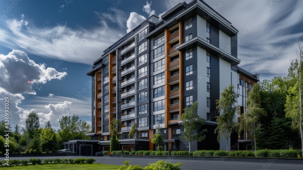 Canvas Prints A large apartment building with a lot of windows and a green lawn