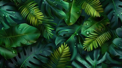 Lush tropical green leaves with water droplets. Perfect for nature backgrounds, environmental themes, and botanical designs.