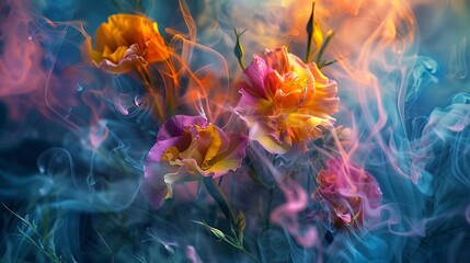 Obraz premium Vibrant Flowers Engulfed in Ethereal Smoke. Surrealistic Nature Art