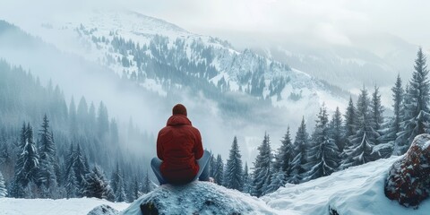 A man is sitting on a rock in the snow, looking out at the mountains