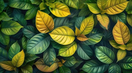 Vibrant, colorful leaves arranged in a beautiful pattern, showcasing various shades of green and yellow in a lush, textured botanical backdrop.