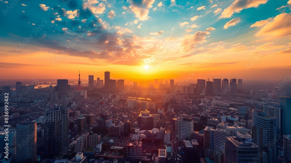 Wall mural a city skyline with a sunset in the background