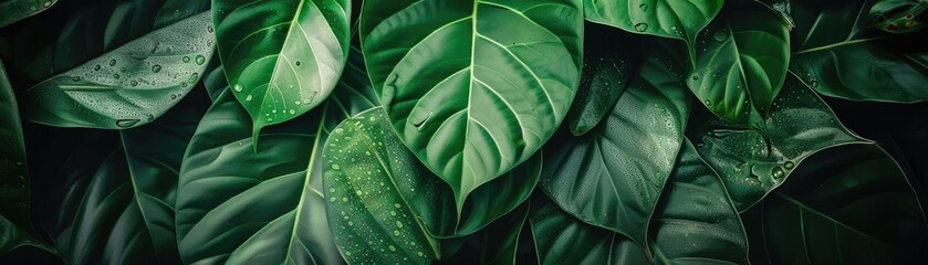 Close-up of vibrant green tropical leaves with deep textures and patterns, showcasing the beauty of nature and plant life.