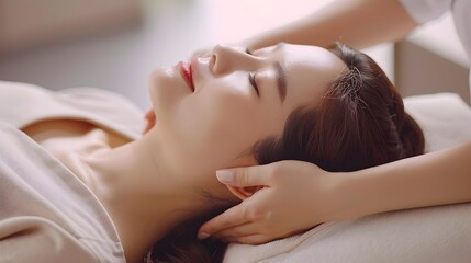 Serene Asian Woman Receiving Head Massage on Therapy Table in Quiet Professional Setting