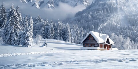 A cabin in the woods is covered in snow - Powered by Adobe