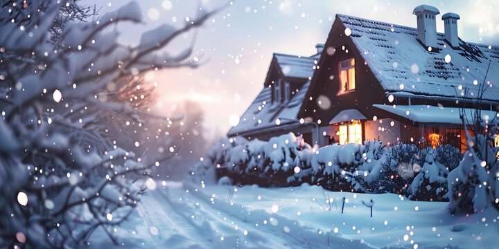 A house with a snow covered roof and a snow covered yard
