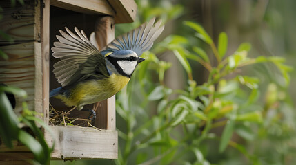 Obraz premium A_stunning_Eurasian_blue_tit_leaving_its_wooden_nesti