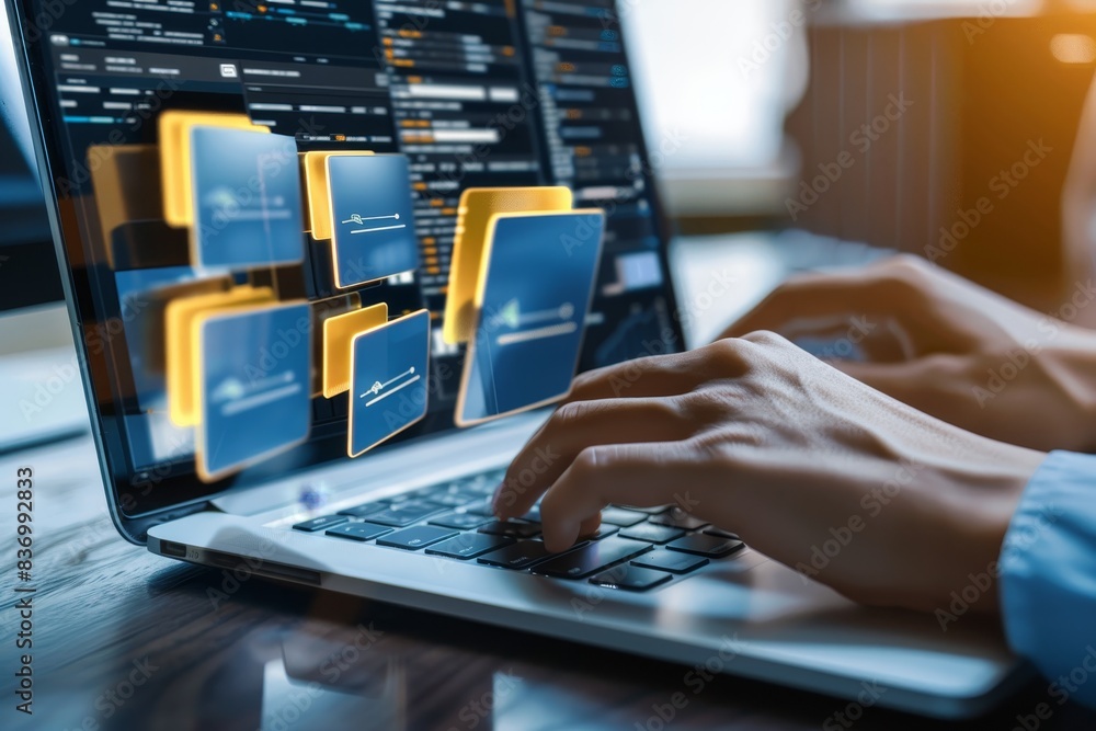 Poster businessman using dms technology for document management and online file storage