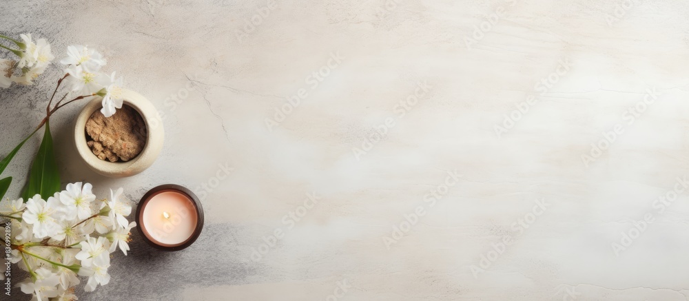 Aufkleber spa still life with flowers in bowl and oil jars on light textured background top view close up sele