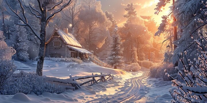 A snowy landscape with a cabin in the distance