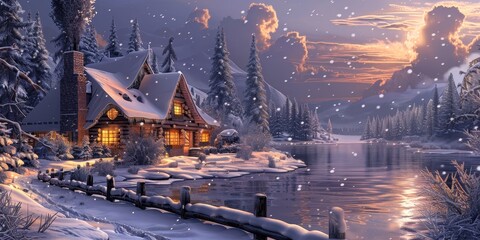 A snowy landscape with a cabin and a river - Powered by Adobe
