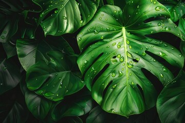 Close-up of lush green monstera leaves with water droplets, showcasing the beauty of tropical foliage and natural textures.
