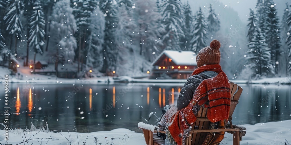 Wall mural A person is sitting in a chair by a lake, wearing a red scarf and a red hat