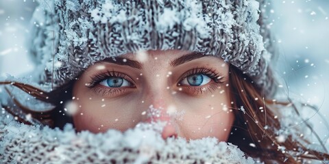 A woman with blue eyes is wearing a white hat and a scarf