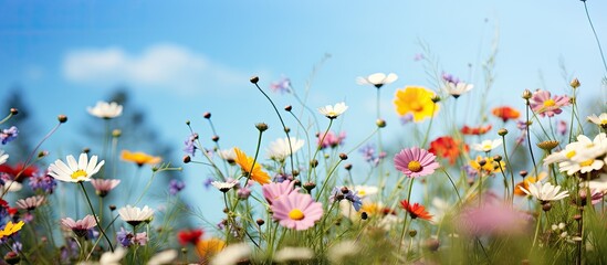Wild flowers in a meadow in the summertime. Creative banner. Copyspace image