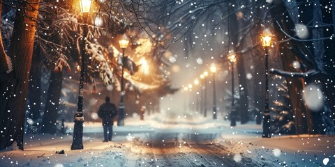 A snowy street with a man walking down it