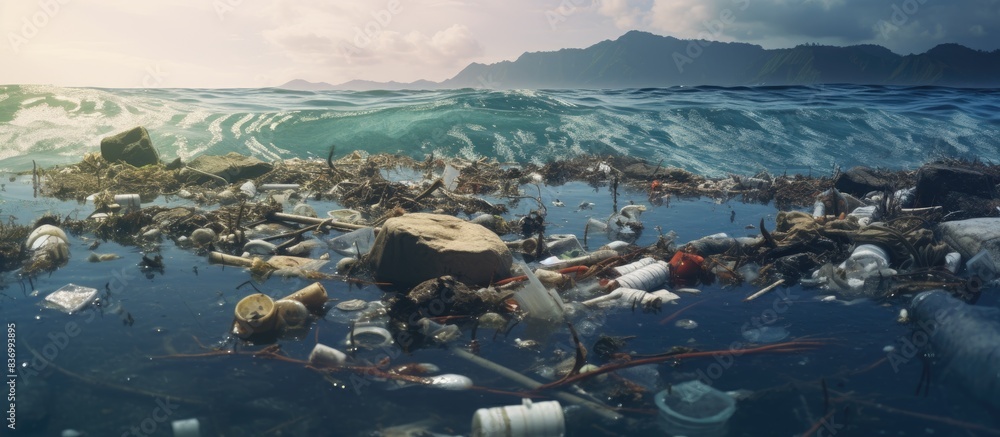 Poster ecology pollution of the sea with waste of unknown origin. creative banner. copyspace image