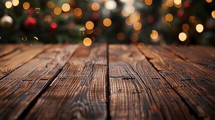 Blur christmas lights on wooden planks, low depth of focus with copyspace