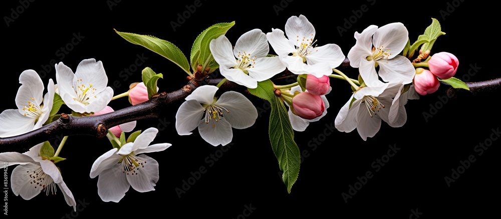 Poster blooming apple tree apple blossom a branch of a tree flowering branch of apple on a black background