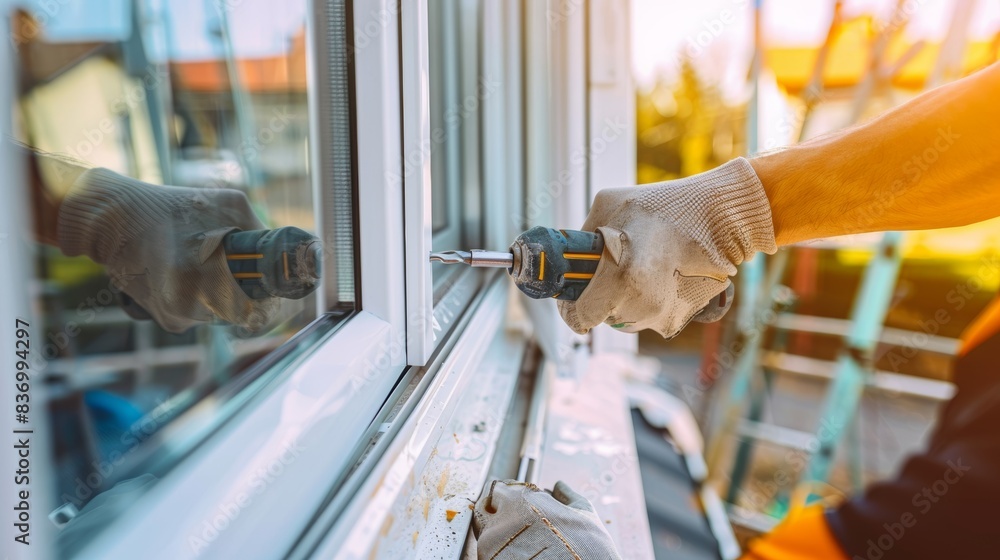 Poster construction worker using drill to expertly install window in home extension, adding property value