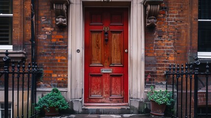 a red door with a black fence