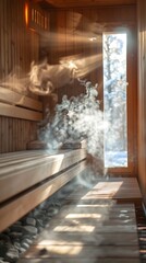 Cozy Wooden Sauna with Swirling Steam and Filtered Sunlight Evoking Tranquility and Wellness