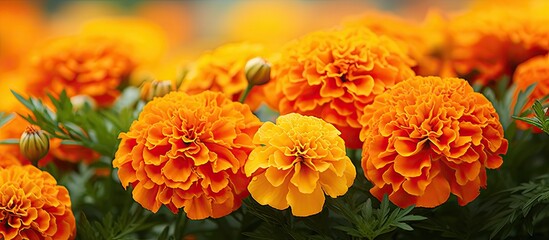 Orange marigolds aka tagetes erecta flower closeup on the flowerbed in the garden. Creative banner. Copyspace image