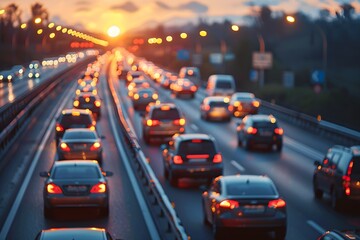 Fototapeta premium Rush Hour Traffic on Urban Highway During Sunset - Photography for Transportation and Urban Living Concepts