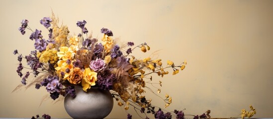 Dried purple and yellow flowers. Creative banner. Copyspace image
