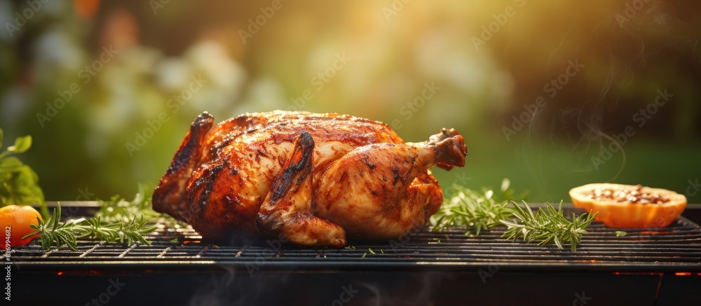 Poster chicken on a barbecue in backyard. creative banner. copyspace image