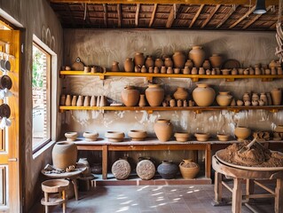 Fototapeta premium Crafting Serenity: Traditional Pottery Studio with Clay, Wheels, and Finished Pieces | Artisanal and Creative Content Concept